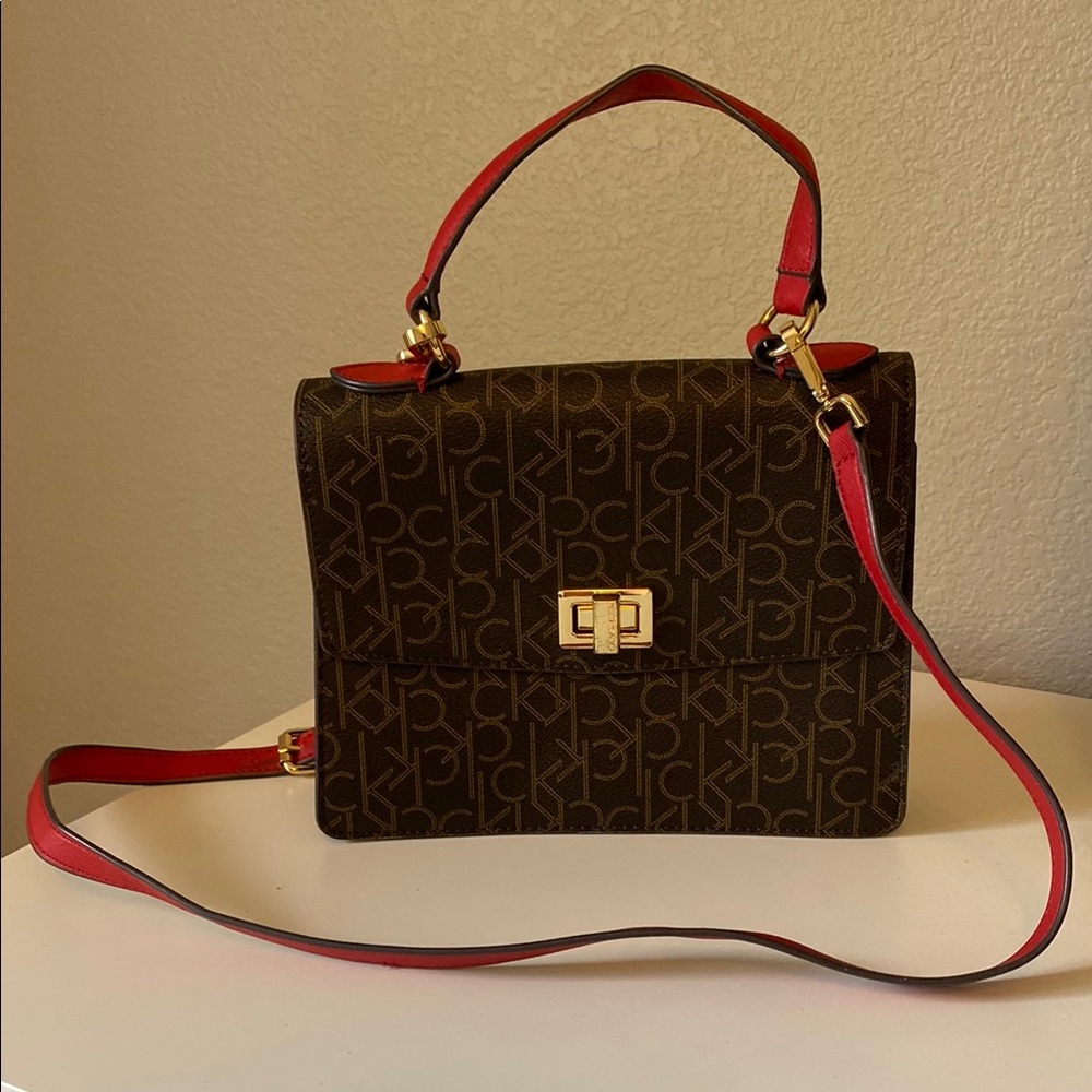 Calvin Klein Brown and Red Crossbody Bag with Adjustable Strap